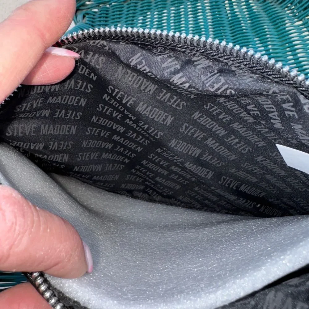 Steve Madden Black Round Logo Zip Clutch